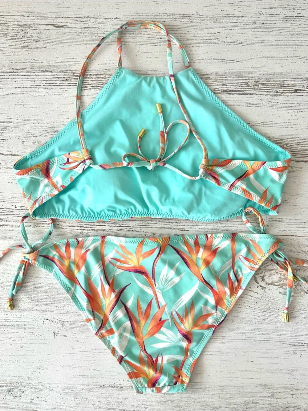 HELEN JON High Neck Halter String Bikini Set L Tropical Botanical
